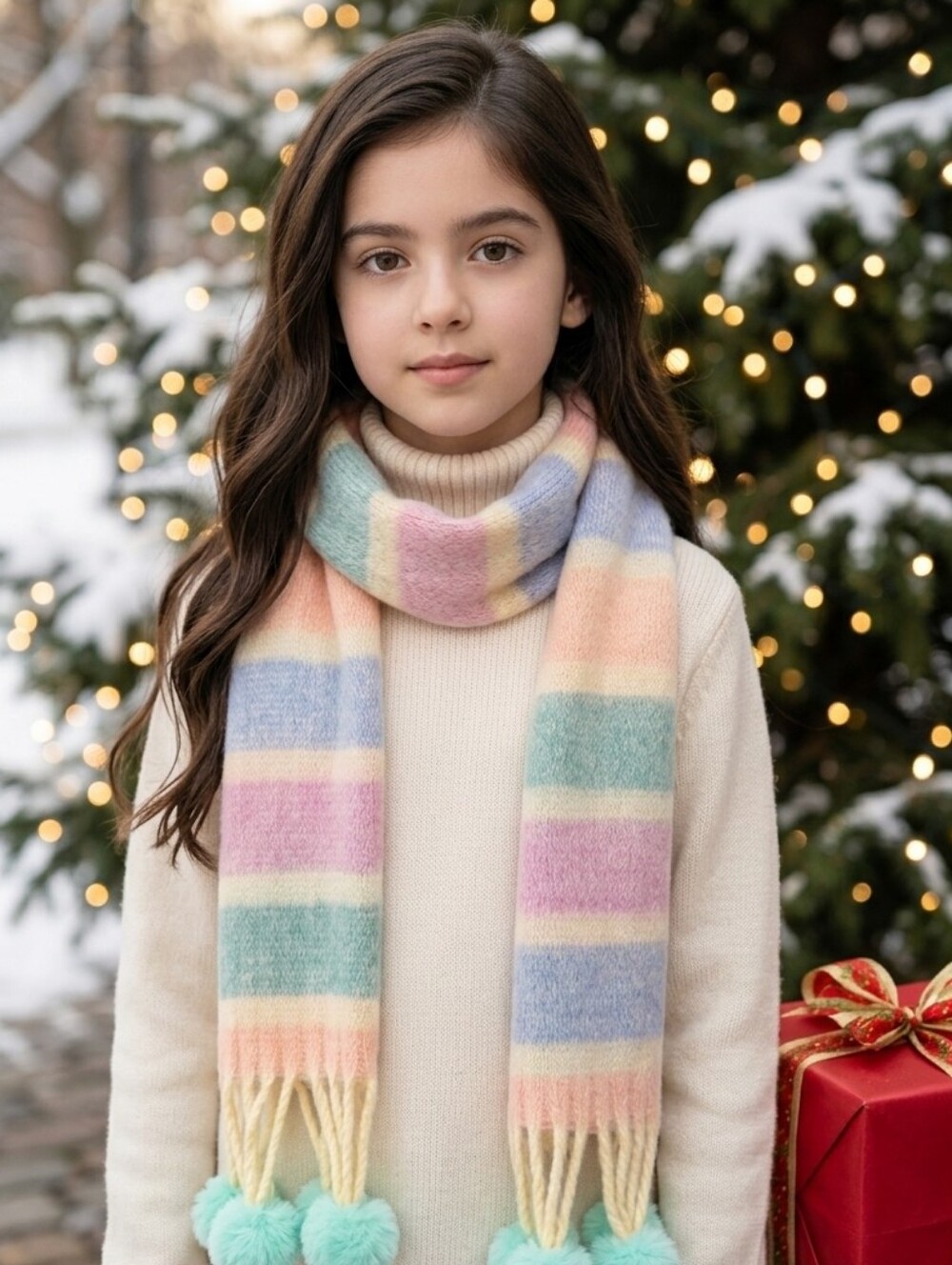NWT Anna & Eva Pastel Striped Oversized Winter Scarf with Mint Pom-Poms